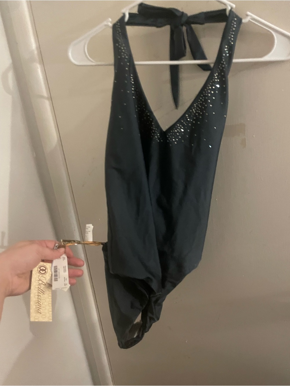 NWT Bellissima Black Pearl Rhinestone Halter One-Piece Swimsuit
